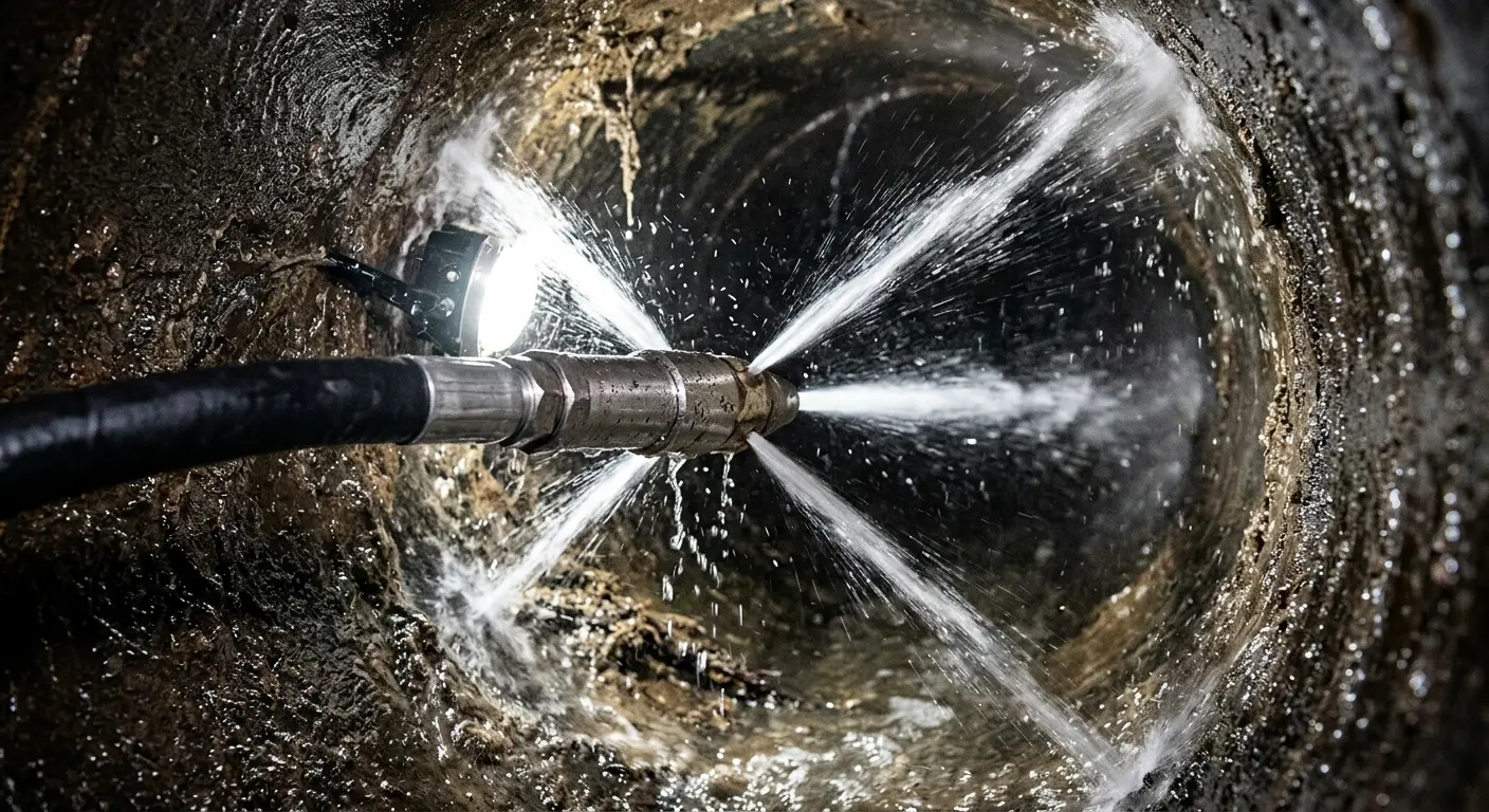 High-pressure hydro jetting nozzle cleaning sewer pipe for Emergency Drain Service in Warrington